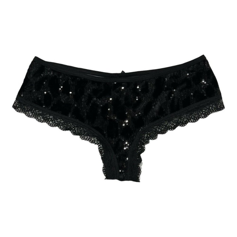 NWT VICTORIA'S SECRET Very Sexy Cheeky Pantie LARGE Black Sheer Velvet Sparkle